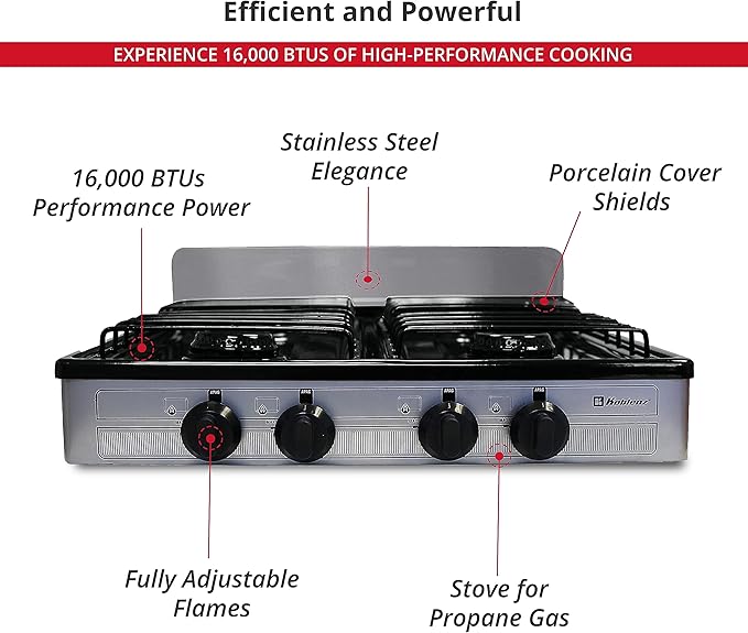 Koblenz PSK-400S 4 Portable Porcelain Cover and Four 16,000 BTU Burners, Stainless Steel Stove for Propane Gas, Silver