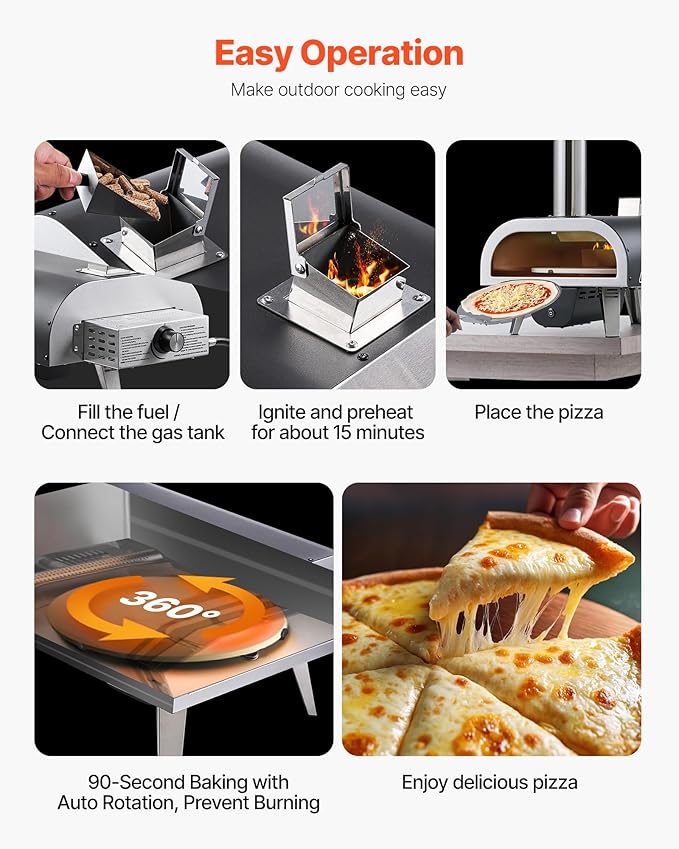 VEVOR Dual Fuel Outdoor Pizza Oven, 12" Auto-Rotating Propane & Wood Pellet Pizza Ovens, Multi-Fuel Pizza Maker with Electric Rotation System & Thermometer, for Outside Patio Camping & Backyard
