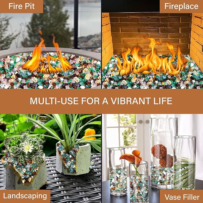 NUPICK 5 Pound Fire Glass, 1/2 Inch Reflective Fire Pit Glass, Tempered Firepit Glass Rock for Propane or Natural Gas, Glass Rocks for Fire Pit Table or Fireplace, Gold & Green & Copper Mix
