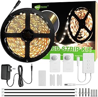 RAYZEEK Wireless Motion Activated LED Strip Lights,19.7FT LED Strip Lights with Power Adapter,Wireless Motion Sensor Control Dimmer,Timing,Warm White (1×Controller+2×Motion Sensor)