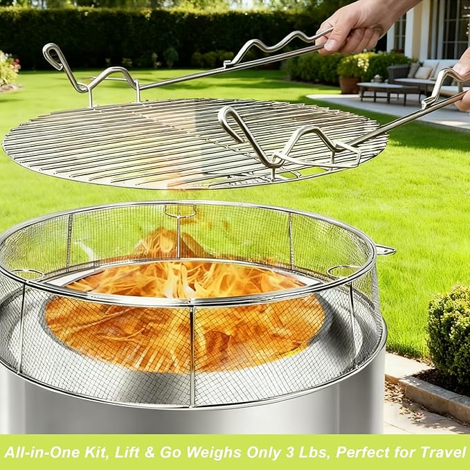 Fire Pit Spark Shield Cover & Cooking Grate for Solo Stove Bonfire 19.5 Inch, 304 Stainless Steel Fire Pit Accessories with Stand & 2 Guide Sticks, All-in-One Lid, Spark Screen and Grill Grate