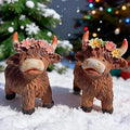 Highland Cow Figurines with Flowers, Set of 2 Resin Highland Cow Statues for Spring Farmhouse Decor, Brown Highland Cattle Miniatures, Small Animal Figurines for Home, Office Decor