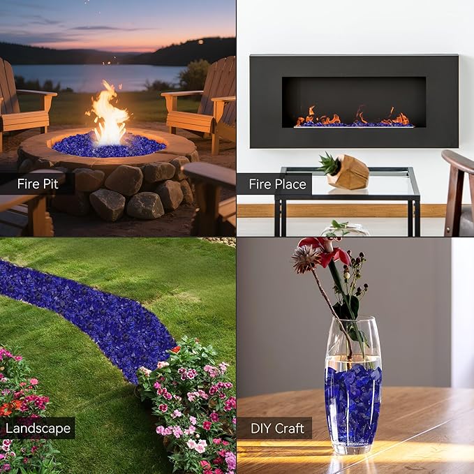Mr. Fireglass Crushed Fire Glass for Natural or Propane Fire Pit, 10 Pounds Decorative Recycled Fireplace Glass Rocks for Fire Pit Fireplace and Landscaping, High Luster Cobalt Blue