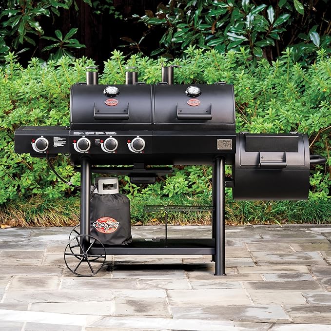 Char-Griller® Texas Trio 3-Burner Gas & Charcoal Grill and Smoker, Push Button to Ignite, Dual temperature Guages, Side Burner, Includes Side Firebox, 1,390 Cooking Square Inches, Black, Model# 3070