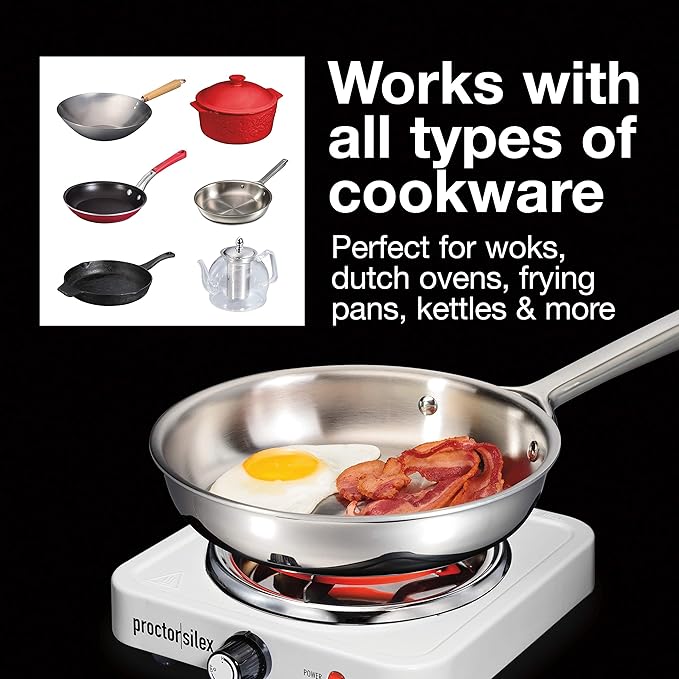 Proctor Silex Portable Electric Stove, Stainless Steel Single Burner Cooktop, Compact, Adjustable Temperature Hot Plate, 1200 Watts, White (34106)