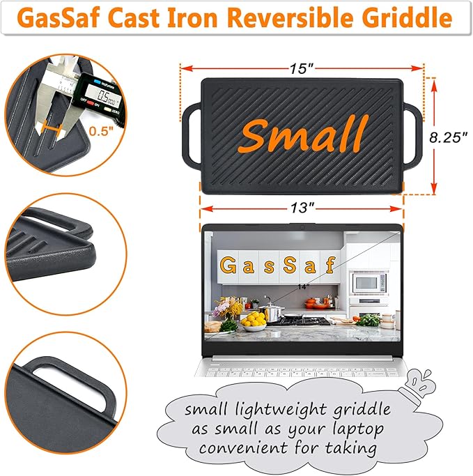 GasSaf Small Cast Iron Griddle 13x8.25 for Double Burner Stove Top, Double Sided Reversible Cooking Pan for Gas Grill Top Outdoor Camping, Gas Stovetop Grill Flat Griddle Pan Cast Iron Kitchen Cooking