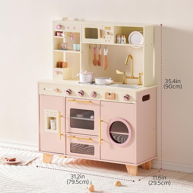 ROBOTIME Kids Play Kitchen, Modern Wooden Toy Kitchen with Ice Maker, Coffee Maker, Oven, Microwave, Toaster, Stove, Dishwasher & Sink, Ultimate Kids Kitchen Playset for Ages 3+
