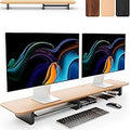 KIVY Dual Monitor Riser With Integrated Metal Shelf [MADE BY HAND] - Wooden Desk Shelf for 2 Monitors - Wide Long Stand for Desk (44 x10x3in - Oak)