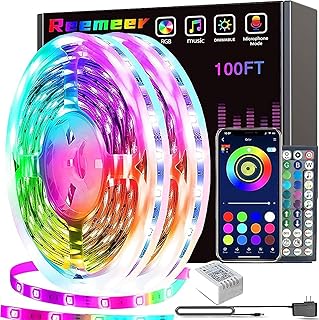 REEMEER Led Lights 100ft Smart APP Control Music Sync Strip Lights RGB Color Changing Strips with Remote, for Bedroom Kitchen and Party