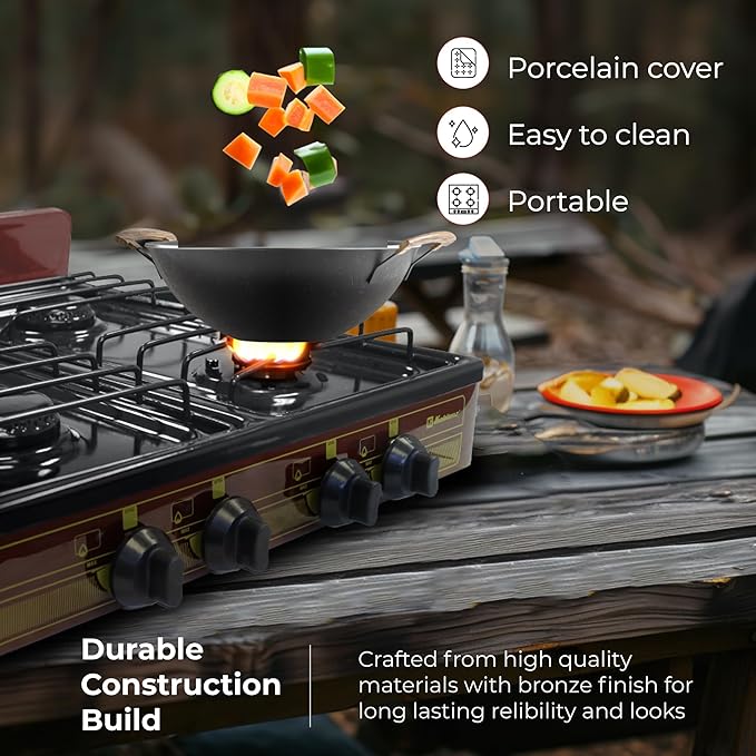 Koblenz Victoria PFK-400A 4 Burner Gas Stove, 16,000 BTU Portable Cooktop, Porcelain Cover, Manual Ignition, LP Gas, Outdoor Gas Stove for Camping, Tailgating, Cookouts, Bronze