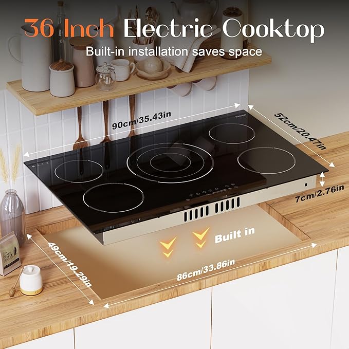 36 Inch Electric Cooktop, 5 Burner Electric Cooktop Bulit in, 9200W, 9 Power Levels, Electrics Stove with Timer, Safety Lock, Pause, 220V-240V Hard Wire