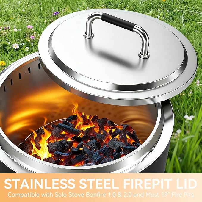 Fire Pit Lid for Solo Stove Bonfire 19.5", 304 Stainless Steel Cover with Heat-Resistant Handle, Round Fire Pit Lid for Outdoor Camping Backyard, Bonfire Accessories