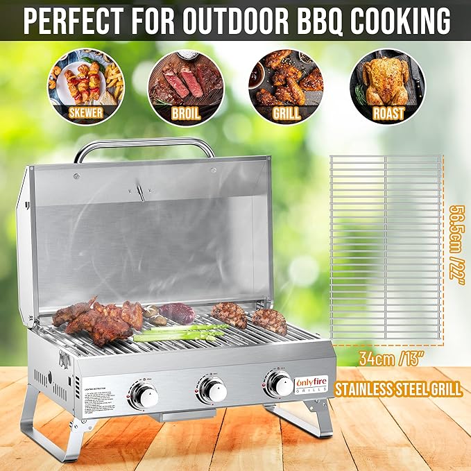 Tabletop Gas Grill 3 Burners, Portable Propane BBQ Grill with Foldable Legs & 22" Stainless Steel Grate for Outdoor Patio Backyard Barbecue, Camping Tailgating RV, 24000BTU High Output, Classic GS307