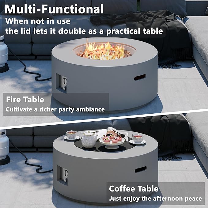 32.5 inch Round Propane Fire Pit, 50000 BTU Gas Fire Pit Table with Steel Lid, Waterproof Cover, 10ft Gas Hose & Gas Tank Base, Lava Rocks, Grey