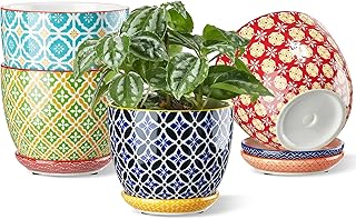 Metahom Ceramic Plant Pots, 4.9 Inch Flower Pots with Drainage Hole & Saucer, Colorful Planter Pots for Houseplants, Succulent, Catus, Home Decor, Set of 4, Vibrant Colors