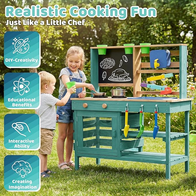 Wooden Outdoor Mud Kitchen for Kids, Pretend Play Kitchen Playset with Removable Sink, Faucet, Stove Top, Planting Area & Cooking Accessories, Toddler Gift for Boys Girls Ages 3+ (Green)
