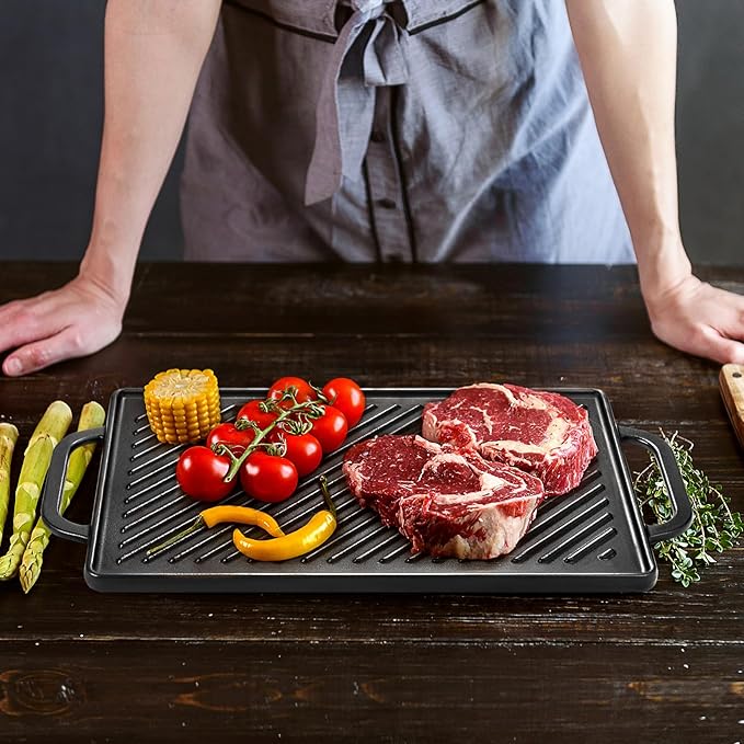 GasSaf Cast Iron Griddle 15x9 Inch, Reversible Double-Sided 2-in-1 Griddle Plate for Two Burners Stovetop, Outdoor Grills and Camping Setups, Cast Iron Grill Pan with Flat & Ribbed Plates