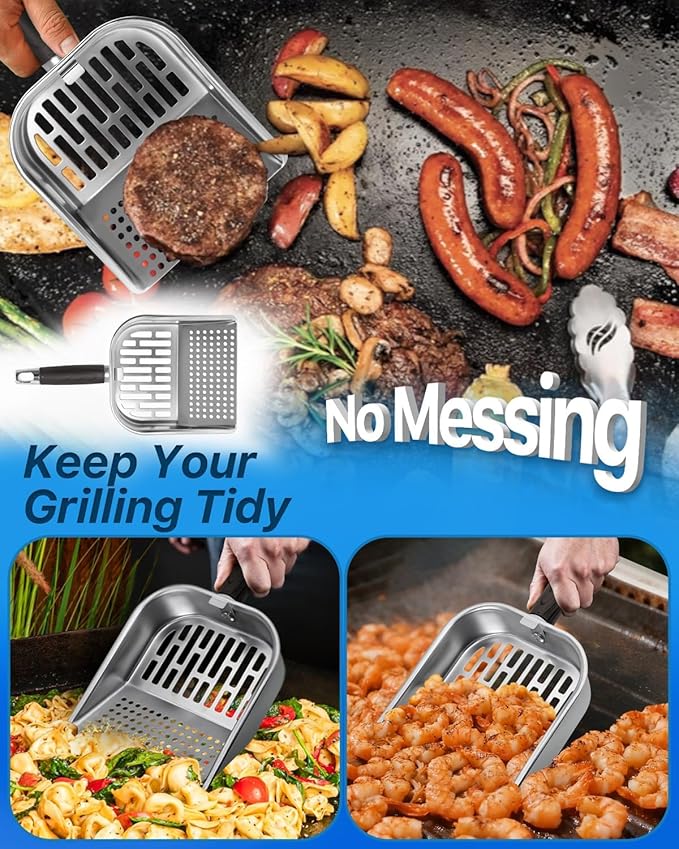 Griddle Scoop for Blackstone with a Any-Edge Hook, Stainless Steel Griddle Portable Food Mover for Stir Fry and Move Food, Sifting Grill Shovel