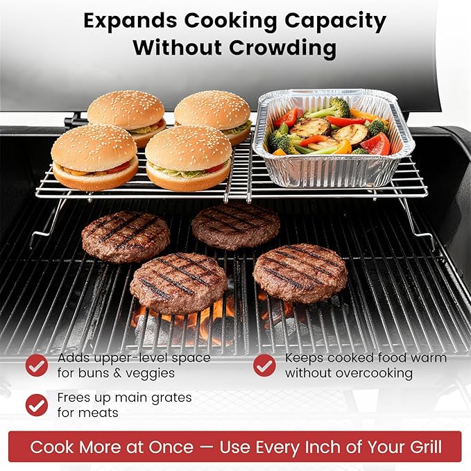 15.3"-22.1" Adjustable Foldable Universal Stainless Steel Grill Warming Rack - Fits Gas/Pellet/Griddle/Smoker Grills, Compatible with Weber, Traeger, Pit Boss Hot Series