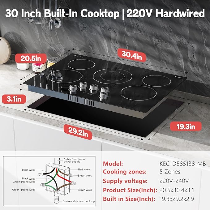 30 Inch Electric Cooktop Karienvir, 5 Burner Cooktop 8500W Built-in Electric Stove Top, Anti-slip Knob & Touch Control, Dual-Ring Burner, 30" Safety Lock, Timer, 220V Hardwired