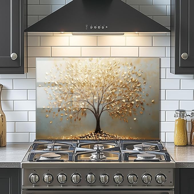 Evgosm tempered glass backsplash, Tree of Life Splashback, Glass Backsplash, Used for Kitchen Wall Protection and Decoration, Easy to Install and Clean. (30x14'')