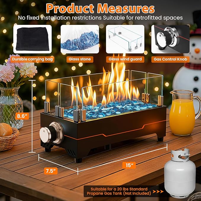 GRISUN Tabletop Fire Pit,15 Inch Propane Fire Pit Table,30000 BTU Table Top Firepit with Glass Wind Guard,Stainless Steel Burner,Fire Glass,Portable Propane fire Pit for Patio, Camping, Backyard & RV