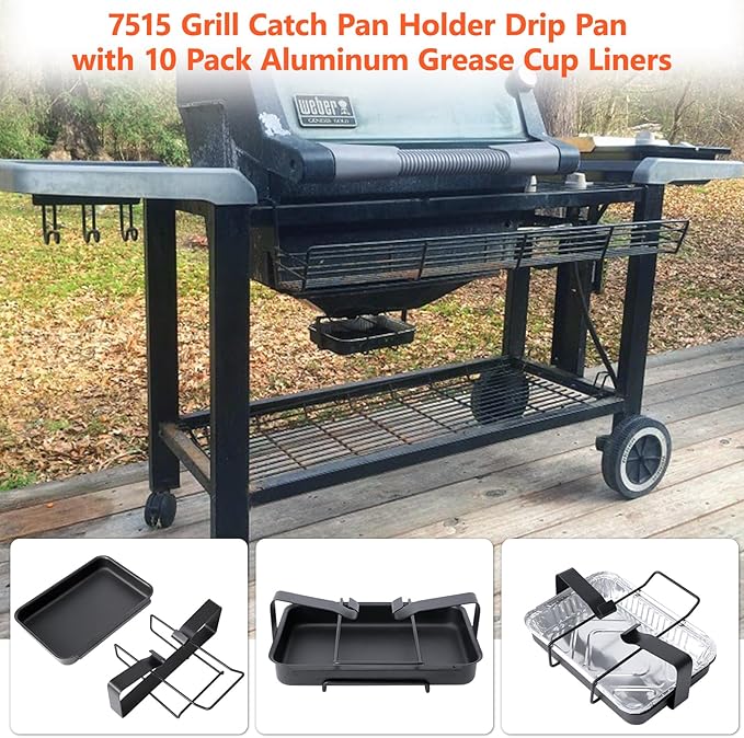 QuliMetal 99250 Grease Tray with 7515 Catch Pan and Holder - Drip Pan for Weber Spirit 310, 320 (2007 & 2008) & 700, Genesis Silver/Newer Gold B, C and Platinum B,C Grills, Replaces Spirit Grease Tray