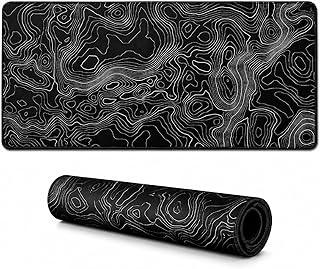 AQQA Topographic Gaming Mouse Pad (31.5 x 11.8 in) | Large Extended Desk Mat | Minimalist Black & White Contour Line Design | Non-Slip Rubber Base, Waterproof, Stitched Edges | for Gaming, Office