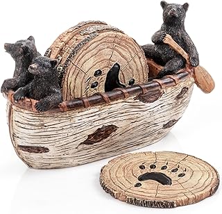 Cabin Obsession Bear Coasters - Set of 6 Full Size Rustic Coasters in Handmade Canoe with Adorable Black Bear Figurines - Log Cabin Decorations, Rustic Lodge Decor for The Home