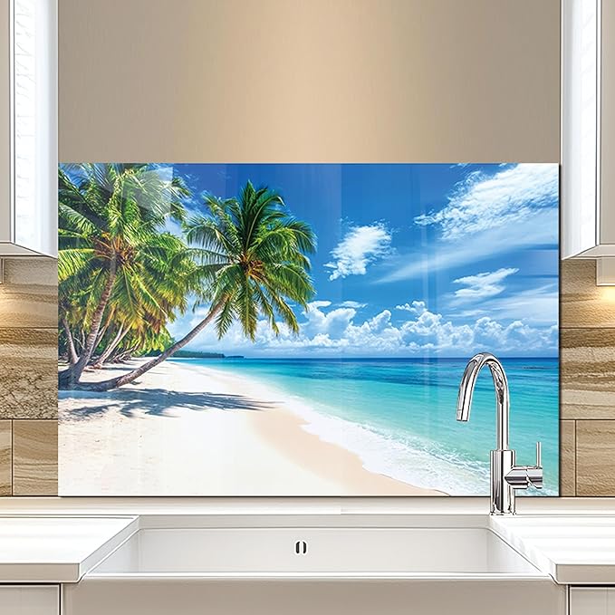fzxwyishu Tempered Glass Backsplash for Kitchen,Stove Splashback Protector Beach Scenery Design | Heat-Resistant Splash Board, Kitchen Wall Decoration (Art Deco 2, 30"x20"(76.2x50.8cm))