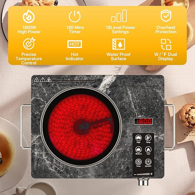 Alemania Single Burner Ceramic Cooktop, Portable 1800W Electric Stove, Countertop Burner for Cooking, Plug in Kitchen Hot Plate, Temperature Adjustable Compact Hob Camping Stoves