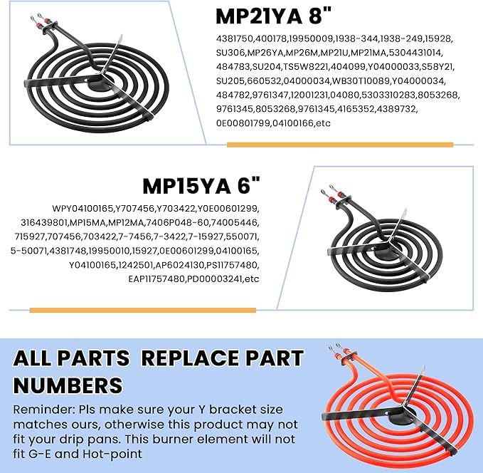 Upgraded MP22YA Electric Stove/Range Burner Element Unit Set 2 pcs MP15YA 6" and 2 pcs MP21YA 8" Stove Burners Replacement Fit for Whirl-pool,Ken-more,May-tag,Hard-wick Range/Stoves by AMI PARTS