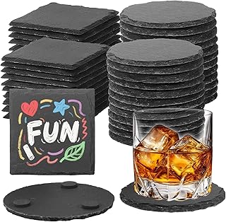 48pcs Slate Coasters, Black 4 Inch Bulk Blank Rock Coasters Blank Laser Engraving, Hand Painted DIY, Scratch Resistant Bottom (24*Square+24*Round)