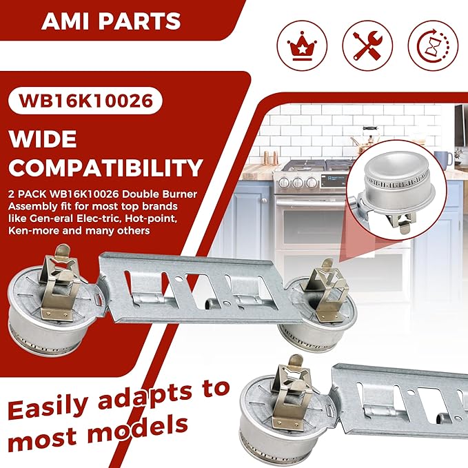 Double Burner Assembly WB16K10026 WB29K17 Double Stove Top Double Surface Burner Kit Replacement Compatible with General Electric Hot.point Gas Stove Range Assembly(2pack) by AMI PARTS