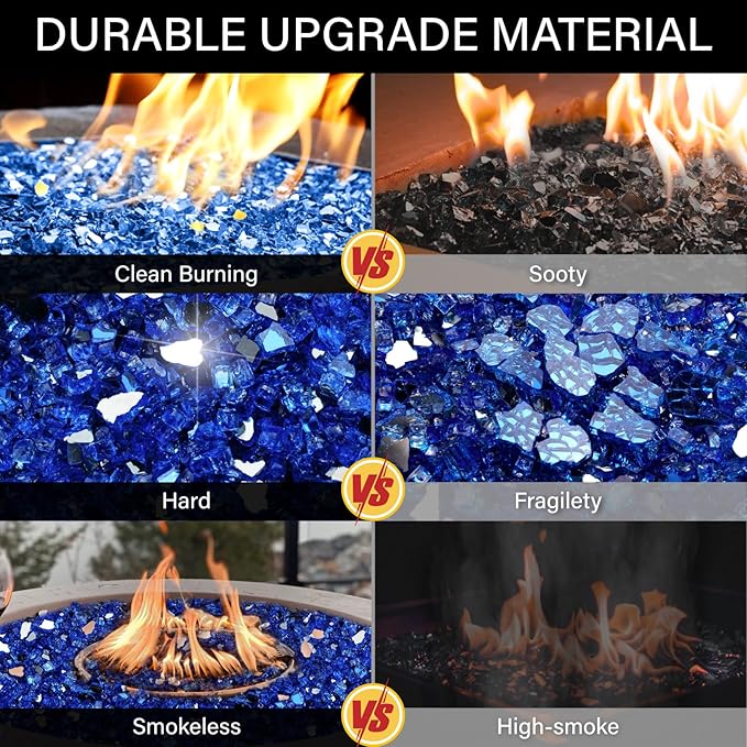 NUPICK 20 Pound Fire Glass, 1/4 Inch Reflective Fire Pit Glass, Tempered Firepit Glass Rock for Propane or Natural Gas, Glass Rocks for Fire Pit Table, Fireplace Glass for Landscaping, Blue
