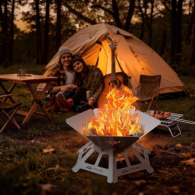 21" Portable Outdoor Fire Pit, 0.8mm Thick Stainless Steel Collapsible Wood Burning Pit with Charcoal Grill Net & Storage Bag for Patio, Backyard BBQ, Camping & Beach Bonfires