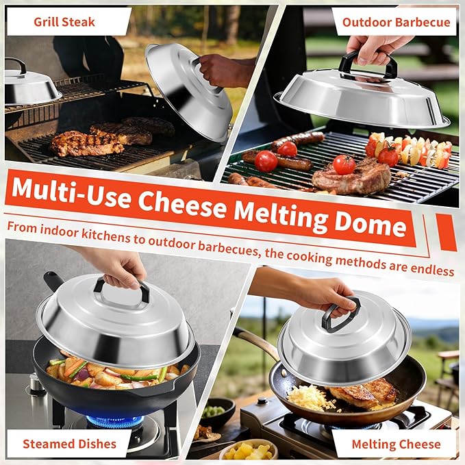 12 Inch Stainless Steel Cheese Melting Dome - 3 Pack BBQ Griddle Accessories, Basting Cover & Steaming Cover Wok Lids, Fits Blackstone Camp Chef Flat Top Griddle, Indoor Outdoor Use