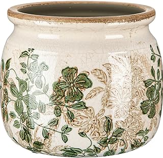 Vintage Planter Large Ceramic Plants Pot Beige Green Leaves Ice Crack Farmhouse Scroll Vase Flower Vase Pot Indoor Outdoor Home Kitchen Decor Rustic Cottage Antique Decorative Plants Gift