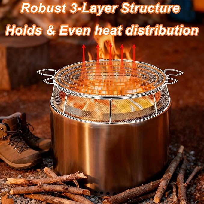 Fire Pit Spark Shield Cover & Cooking Grate for Solo Stove Bonfire 19.5 Inch, 304 Stainless Steel Fire Pit Accessories with Stand & 2 Guide Sticks, All-in-One Lid, Spark Screen and Grill Grate