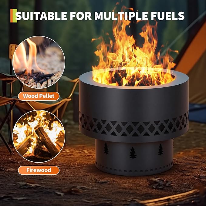 GarveeLife 19 Inch Smokeless Fire Pit, Wood Burning Outdoor Fireplace with Removable Ash Pan & Dust Bag - Ideal for Patio BBQ, Bonfire, Camping