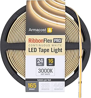 Armacost Lighting RibbonFlex Pro 24V White COB LED Strip Light Tape 3000K, 165 Lumens/Ft, 5M 171230
