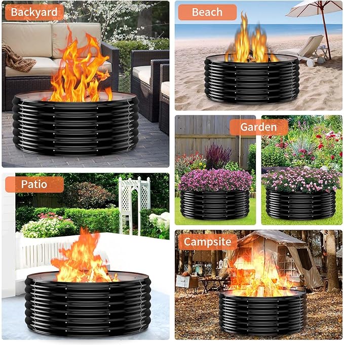 39 Inch Fire Pit Ring for Outside, 17'' Tall Firepit &Outdoor Fireplace Wood Burning,Heavy Duty Galvanized Steel Fire Bowls Portable for Backyard Bonfire,Patio,Camping,Round