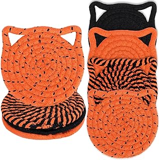 Whaline Halloween Cat Ear Shape Cotton Coasters Black Orange Cat Ear Handmade Braided Drink Coasters Absorbent Cup Mats for Trick or Treat Party Home Table Decor, Set of 4