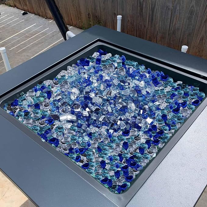 VEVOR Fire Glass, 10 lbs, Cobalt Blue + Aqua Blue + Clear, 1/2 Inch High-Temperature Resistant Reflective Glass Rocks, Smokeless Fire Pit Stones for Outdoor Table & Landscaping