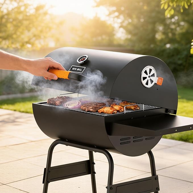 KEYO GRILL 20-Inch Barrel Charcoal Grill, Adjustable Vent Heavy-Duty Outdoor Barbecue Grill with Height Adjustable Charcoal Pan,Warming Rack Outdoor BBQ Grill for Backyard, Patio and Parties, Black