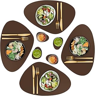 Faux Leather Placemats and Coasters - Set of 4 Round Modern Brown Table Mats for Dining - Heat Resistant, Waterproof & Non Slip Place mat for Indoor & Outdoor - Wipeable for Easy Care (Brown)