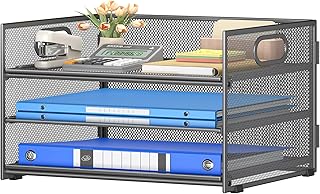 Subekyu 3 Tier Paper Letter Tray Organizer for Desk, Gray Metal Mesh Desk File Folder Sorter Organizer with Handle and Sliding Tray for Home, Office, School Supplies Organization Storage