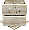 Rae Dunn Pencil Cup - Wooden Pen Holder Desktop Organizer - Small Rustic Wood Desk Top Caddy for Office Accessories and Supplies - Organization for Home, School, Classroom, Work - Square Light Wood