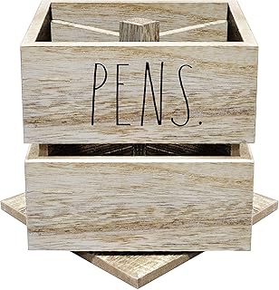 Rae Dunn Pencil Cup - Wooden Pen Holder Desktop Organizer - Small Rustic Wood Desk Top Caddy for Office Accessories and Supplies - Organization for Home, School, Classroom, Work - Square Light Wood