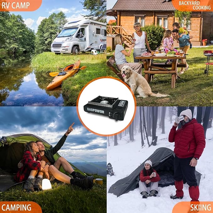 10,000 BTU Propane or Butane Stove with Windblocker, Dual Fuel Propane Stove for Camping, Automatic Ignition Gas Portable Stove with Propane Adapter Hose Carrying Case (Fuel Not Included)